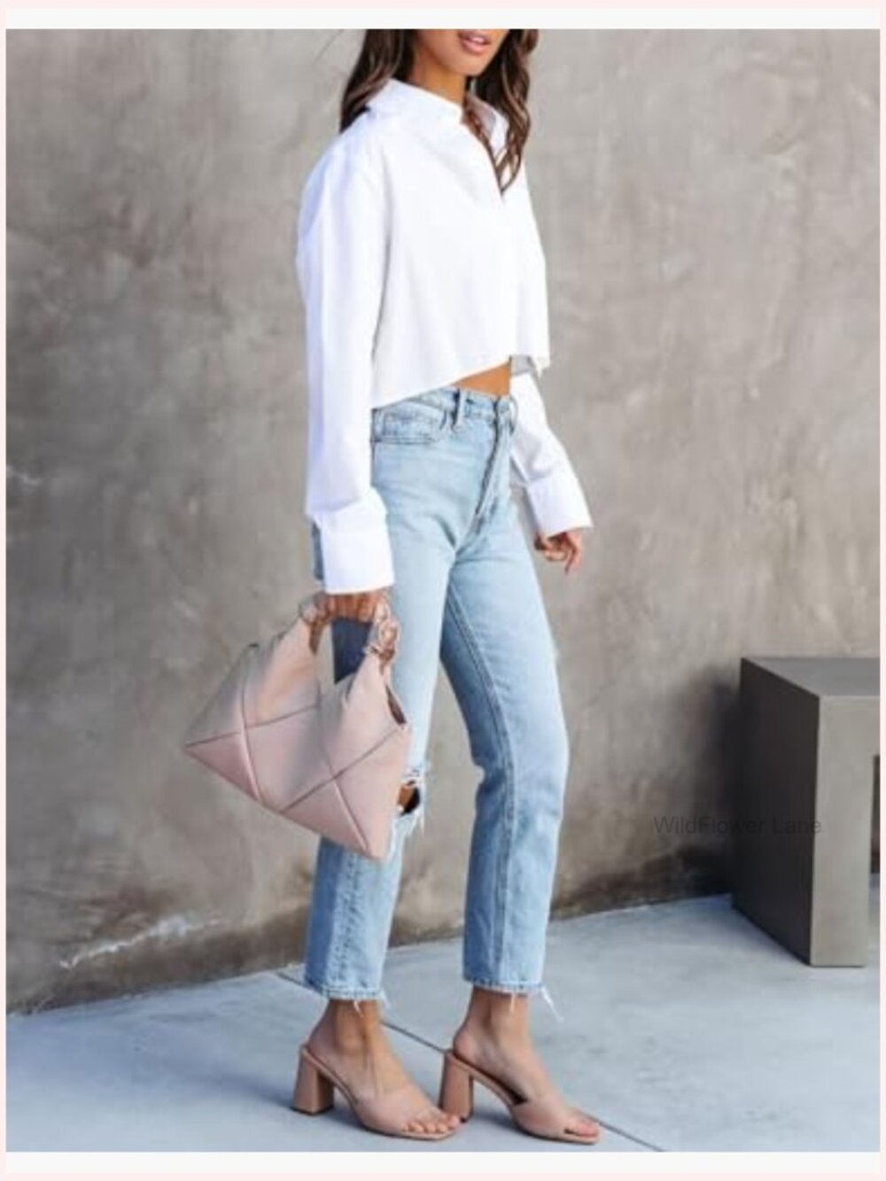 Women Cropped Long Sleeve Button Down Shirt with Pocket - Solid Casual Blouse - Picture 2 of 7